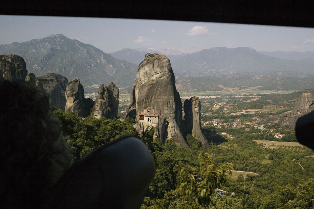 meteora monasteries through the bus window