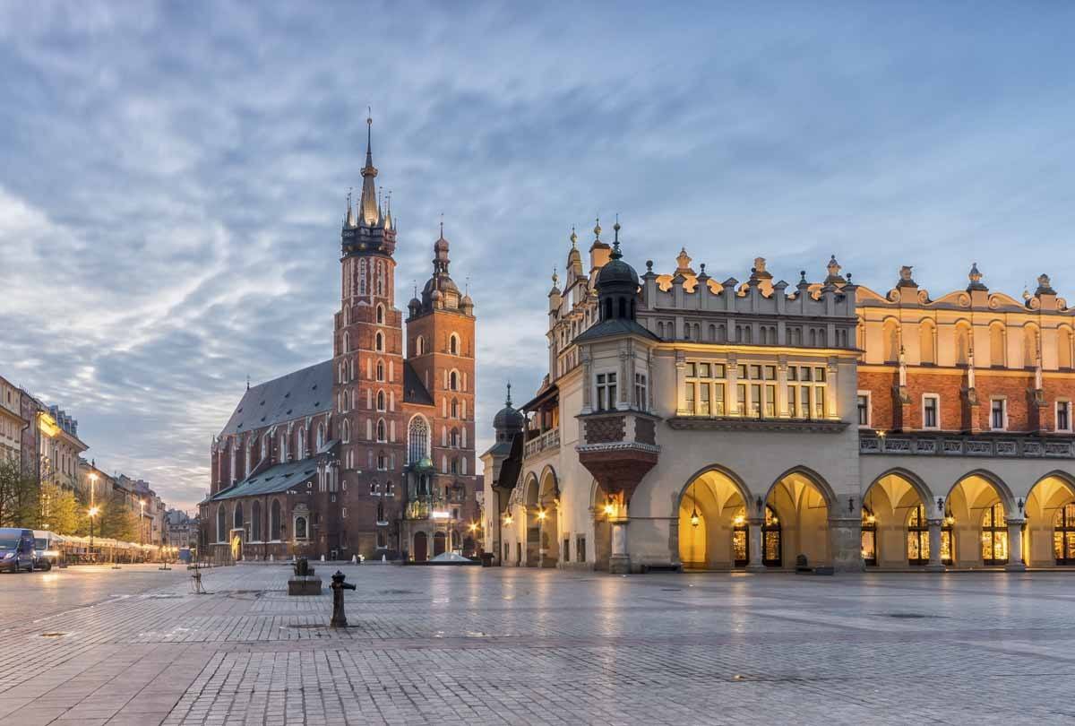 St Mary's church and Cloth Hall on Main Market Square in Krakow,