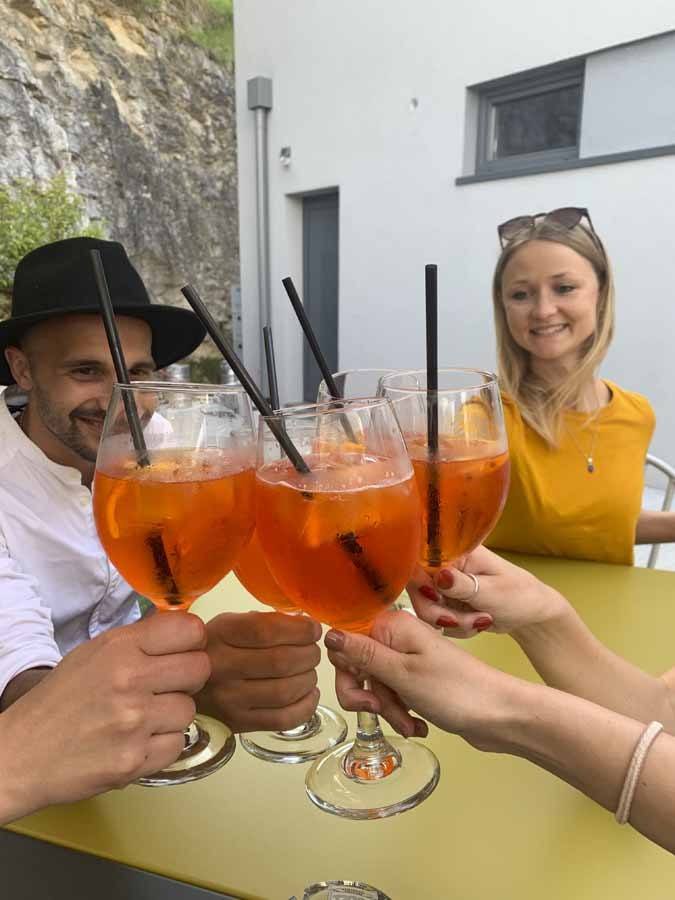 Group of friends having spritz and toasting